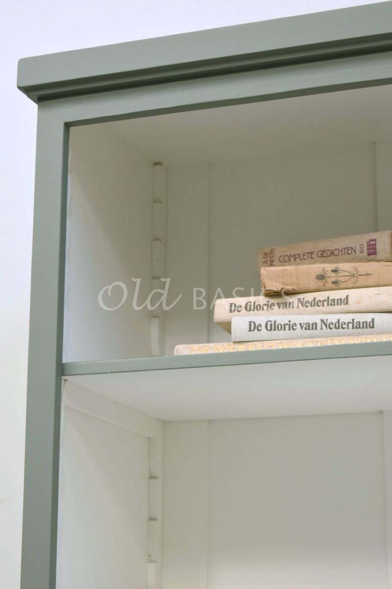 Detail van Boekenkast Monaco, RAL7033, groen, grijs, materiaal hout